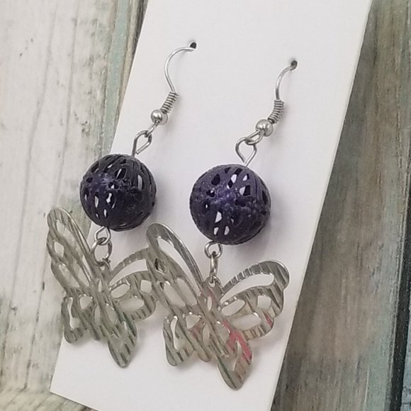 Hammered Textured Dangle Butterfly Earrings 2" Drop Purple Metal Filigree S16 - Picture 4 of 5